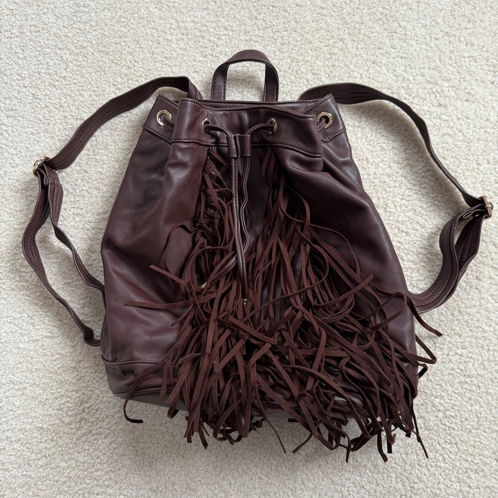 EUC brown fringe drawstring backpack